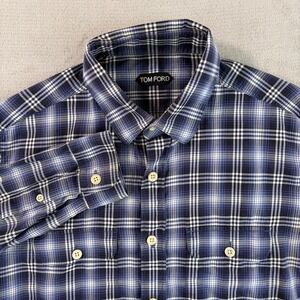 Tom Ford Dress Shirt Men 42 16.5 Blue Plaid Long Sleeve Designer CEO Preppy